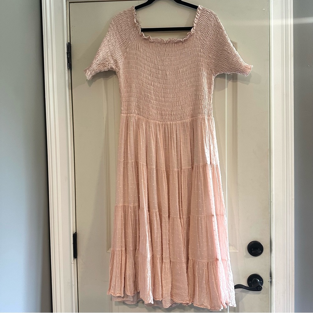 Fehrnvi midi Swiss dot smocked bodice dress